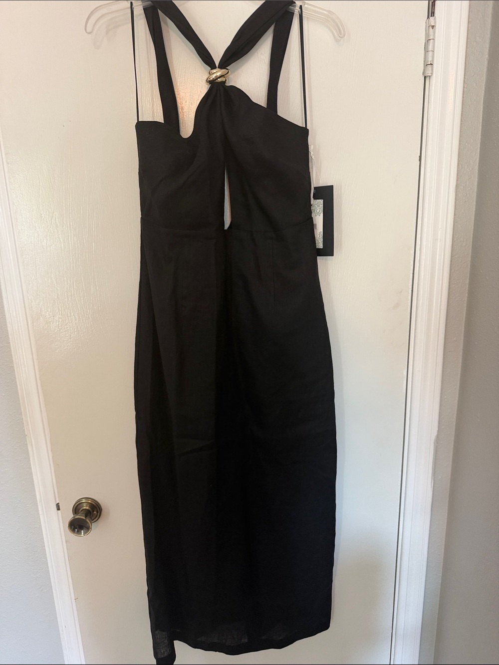 Sleeveless Black Midi Dress with Twist Halter and Gold Ring